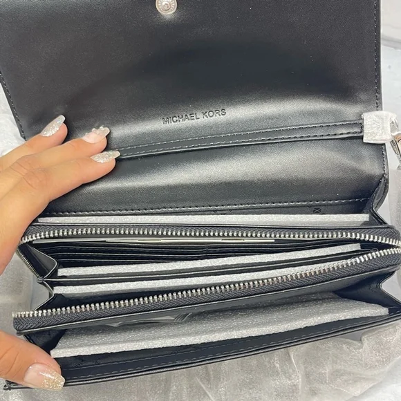 Michael Kors Large Zip Around Wallet Crossbody Bag Silver Black Metallic Logo - Picture 9 of 9